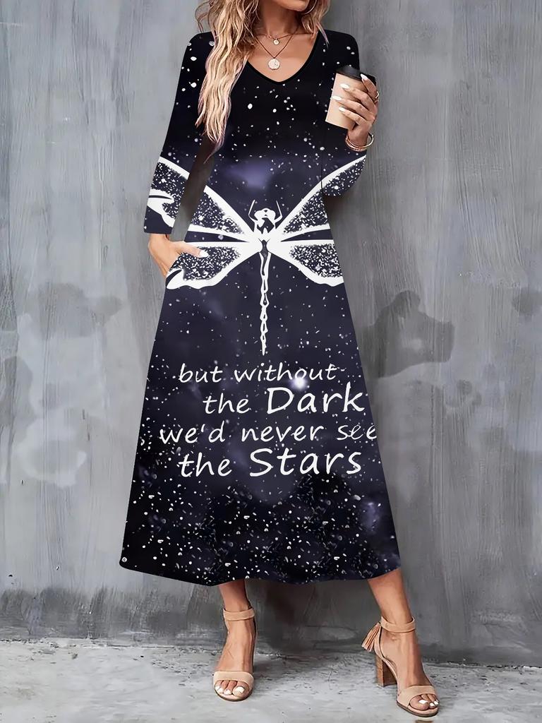 2025 Autumn and Winter New Women Casual Fashion Dress 3D Butterfly Print Long Sleeve V-Neck A-Line Dresses