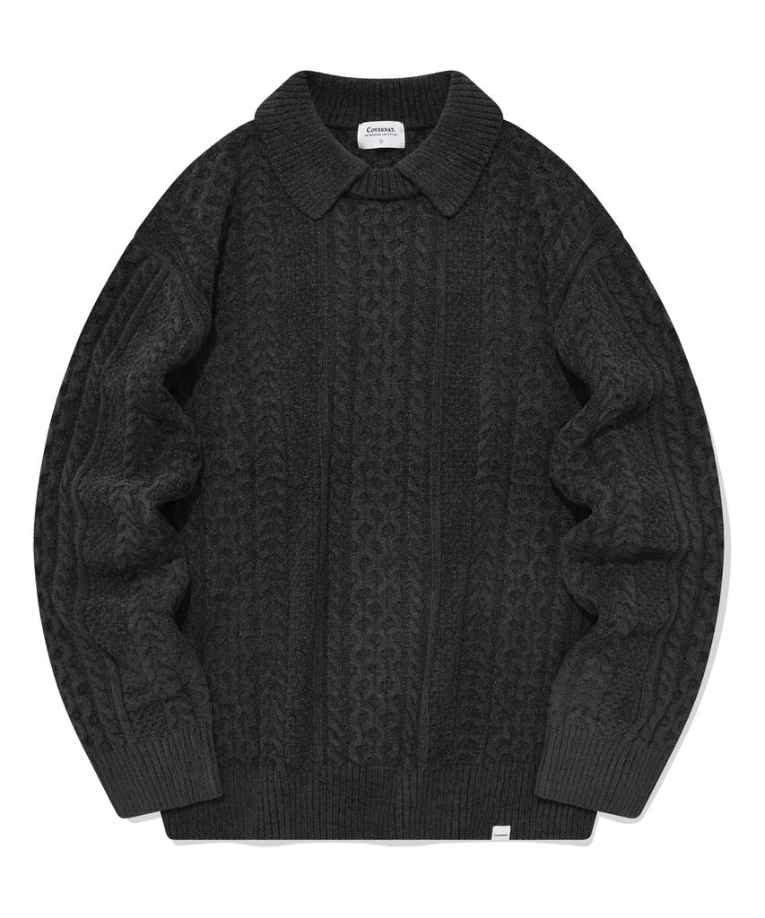 COVERNAT Velvet Cable Round Collar Knit Charcoal