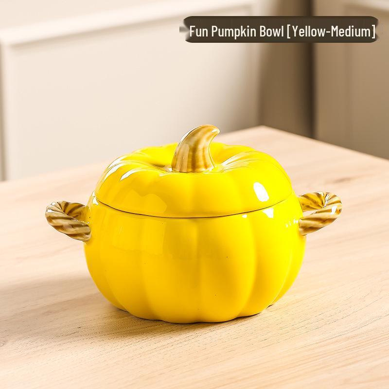 Kürbisförmige Keramik-Suppenschüssel mit Deckel - Großes Doppelohr-Design, Perfekt zum Servieren von Schneckenreisnudeln oder Nudelgerichten