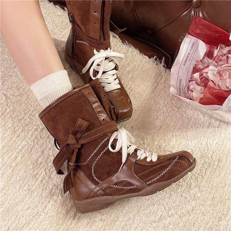 Fashion 2025 New Casual Retro Versatile Boxing Boots Nubuck Leather Round Toe Color Matching Lace-Up Mid-Tube Training Boots For Women