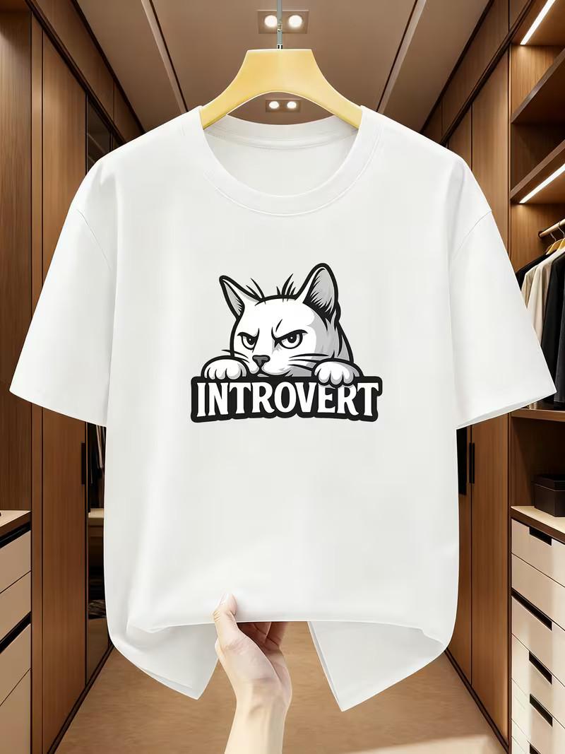 

Men s Introvert Cat T-Shirt Cartoon White Cat Graphic Print Casual Summer Tee 5XL різнокольоровий