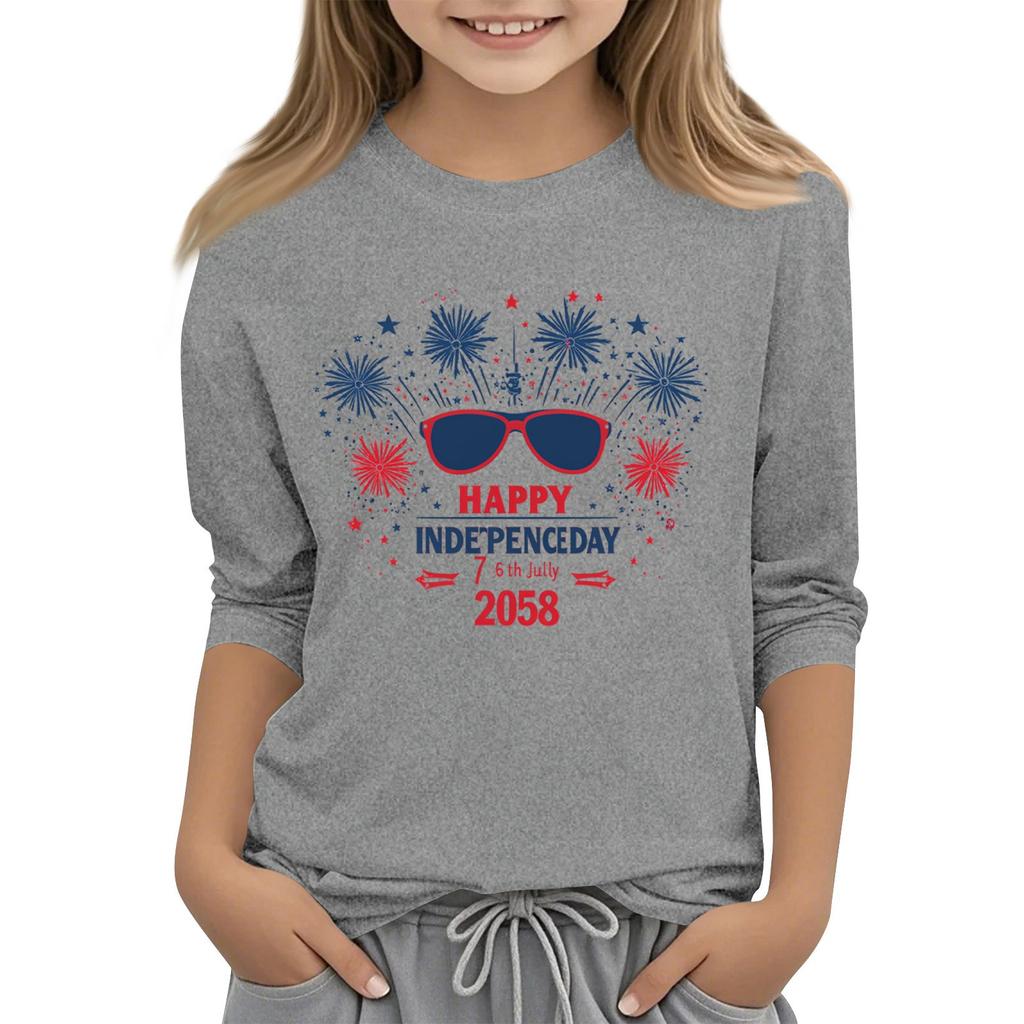 Tricou casual cu mâneci 3/4 pentru copii, cu gât rotund și imprimeu pentru Ziua Independenței