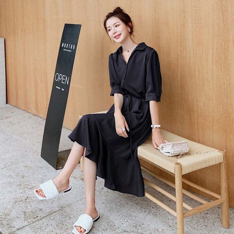 Shirt Chiffon Dress Summer Waist-Cinching Slimming Temperament Mature-Casual Style French Mid-Length Skirt Trendy