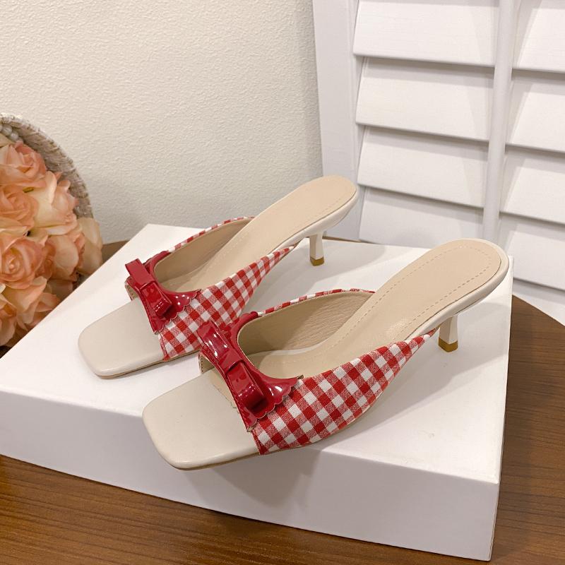 Fashion Design Shoes Retro Plaid Bow Sandals Kitten Heels French Style Peep Toe Shoes Mixed Color Sweet and Cute Women's Vocation Shoes