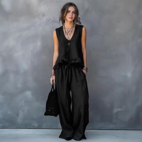 Summer Ruffle 2 Piece Sets for Women Sleeveless V Neck Tank Top And Wide Leg Pants Sets Casual Loose Loungewear Outfits