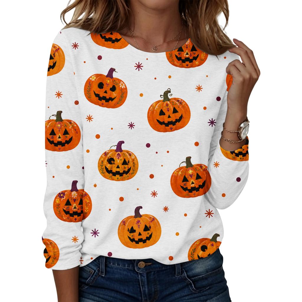 Women's Casual Long Sleeve Round Neck Top with Halloween Print for Party