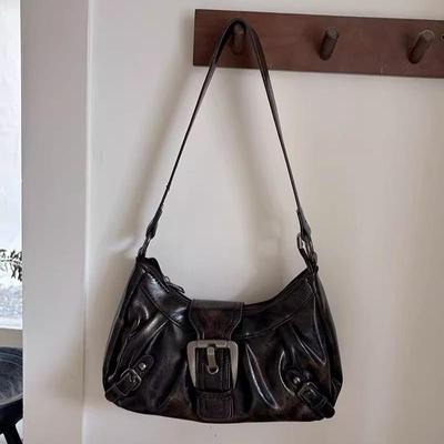 2025 Melaard Retro Y2K Spicy Girl Distressed Two-Tone Leather Shoulder Bag