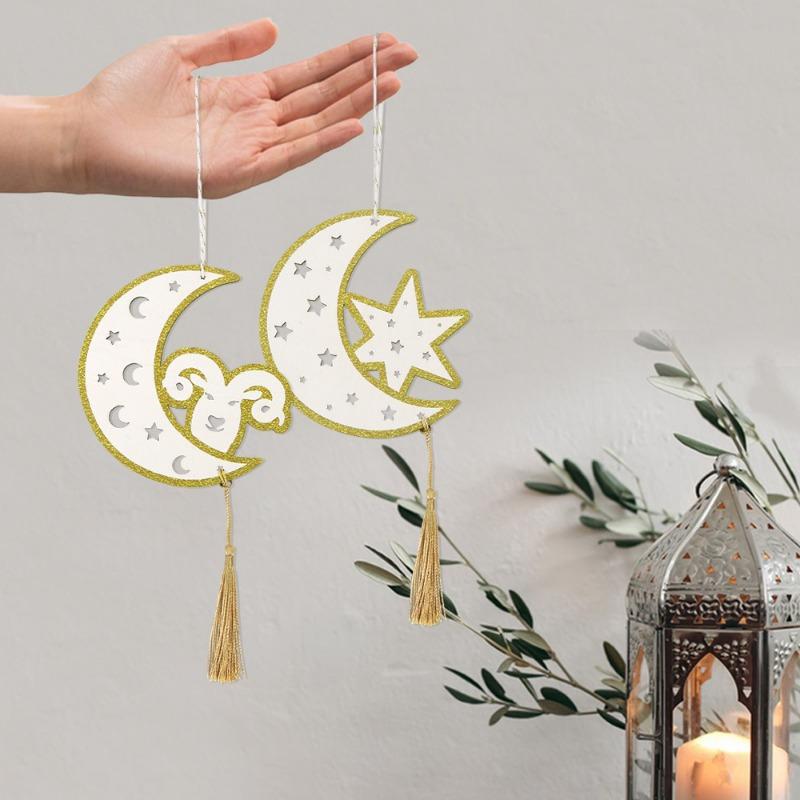 3pcs Wooden Handicrafts Hanging Ornaments for Ramadan, Star and Moon Tassel Hanging Ornaments, Home Decoration,Hanging Ornaments
