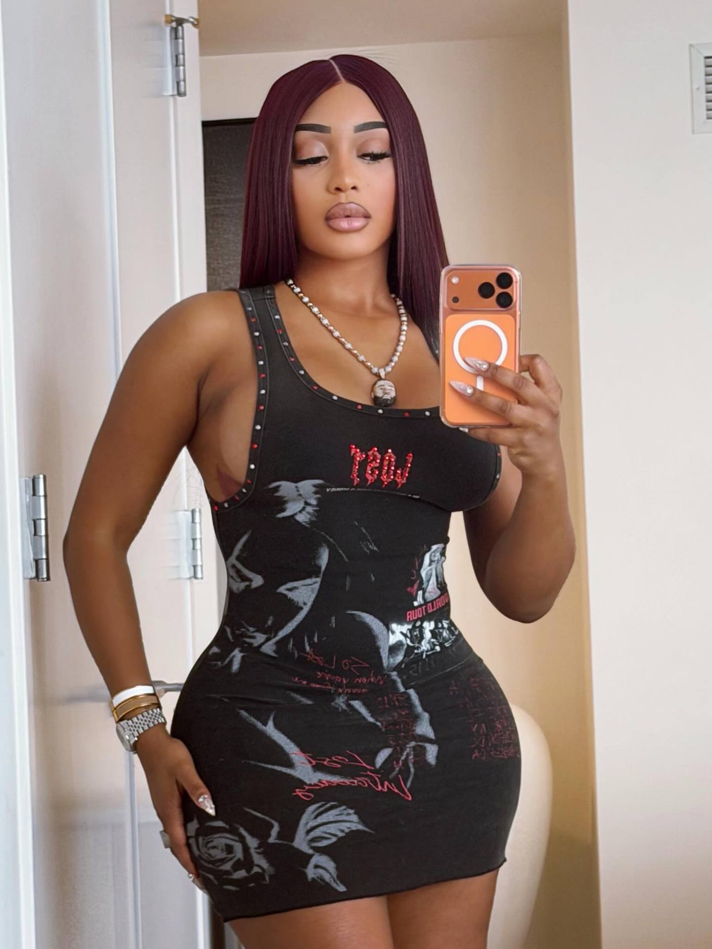 Women Y2K Graphic Print Bodycon Dress Sleeveless Side Cut Out Rivet Trim Clubwear Mini Dress S