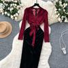 Vintage V-neck Elegant Long Sleeves Chic Flocking Print Spliced Velvet Slim Bandage Dresses Evening High Street Winter Clothing