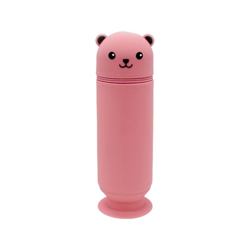 Large Capacity Pencil Case Cartoon Bear Pencil Box with Suction Cup Silicone Pen Bag for Students Teens Girls Boys