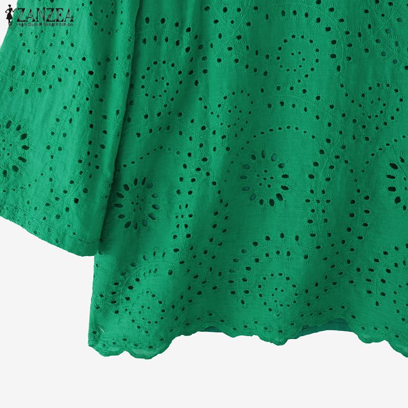 ZANZEA Dame Casual Rund Hals 3/4 Erme Løs Lappeteppe Heklet Bluse