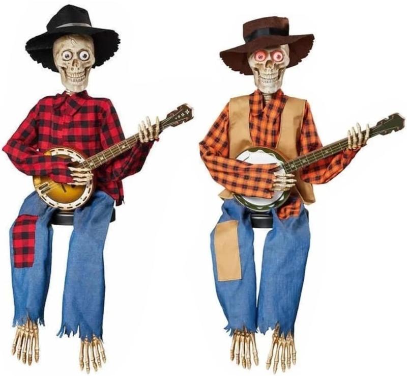 Dueling Banjo Playing Skeletons Halloween Decoration Set Illuminating Plastic Musicians For Home Yard Themed Parties