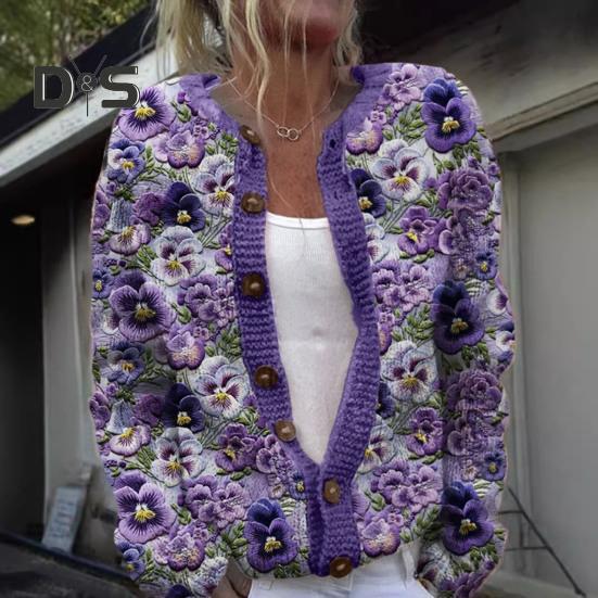 Dámský svetr Cardigan s kulatým výstřihem, dlouhým rukávem, 3D květinovým vzorem, zapínání na knoflíky, pletená bunda, zesílená teplá podzimní zimní top