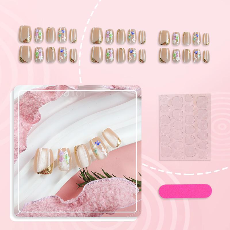 Gold-Plated Cat Eye European Short Nail Art with Colorful Flower Design - 30 Pcs Wearable Nails