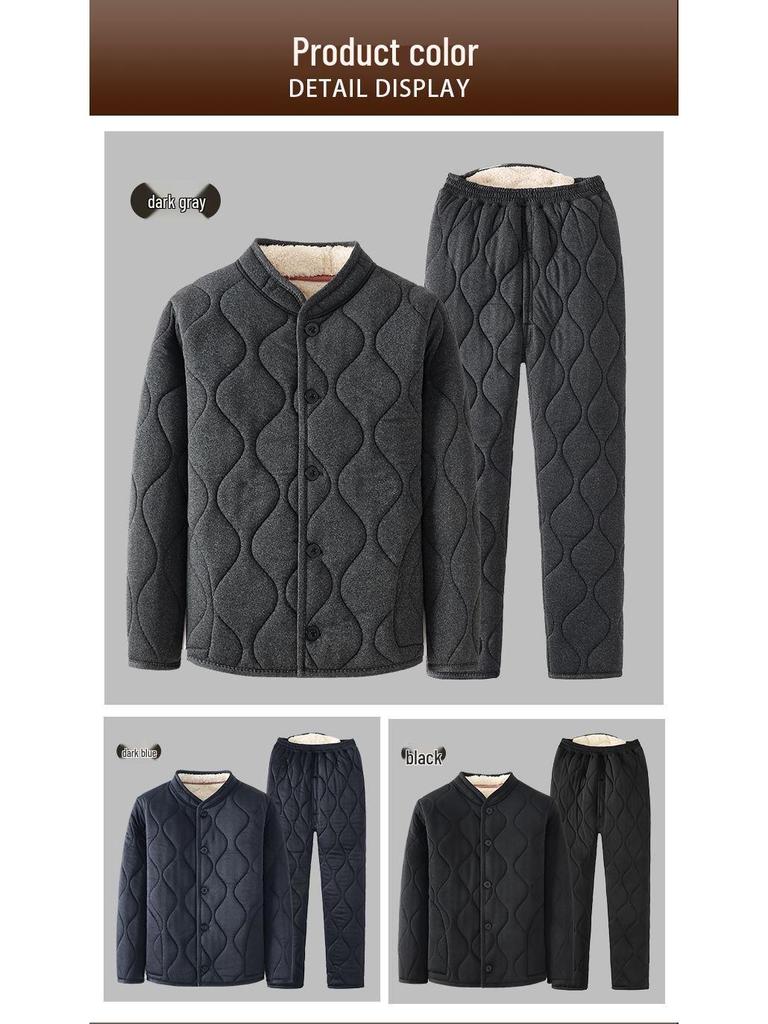 Elderly Men's Fleece-Lined Cotton Jacket & Pant Set - Warm Camel Hair Finish