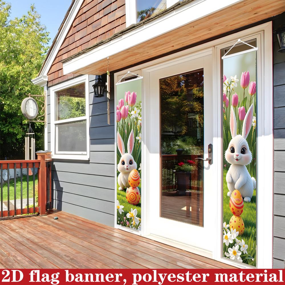 2D Flat, 2D Flag Banner, 2pcs Spring Rabbit Easter Egg Themed Couplet Flag Easter Decoration Banner 180cm * 30cm/70.8in * 11.8in, Made of Material