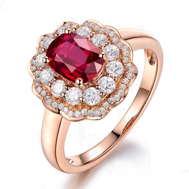 Flower-Shaped Pigeon Blood Ruby Ring with Full Diamond, Adjustable Rose Gold Plated Setting