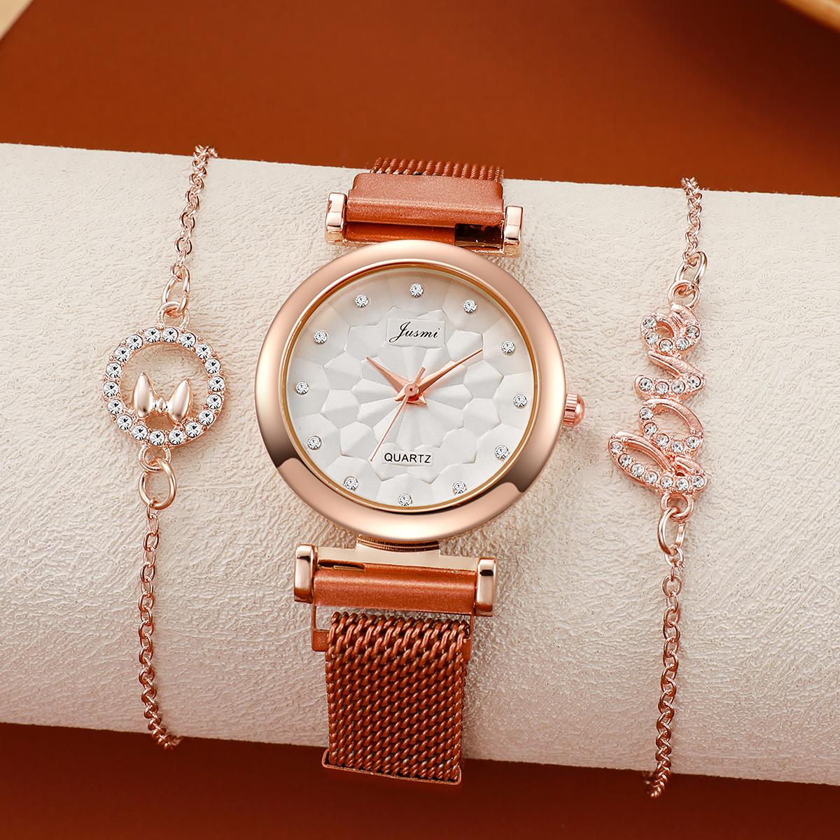 

No gift box; Elegant printed diamond ladies watch with floral net strap quartz wristwatch diamond bracelet 3-piece set ярко-розовый