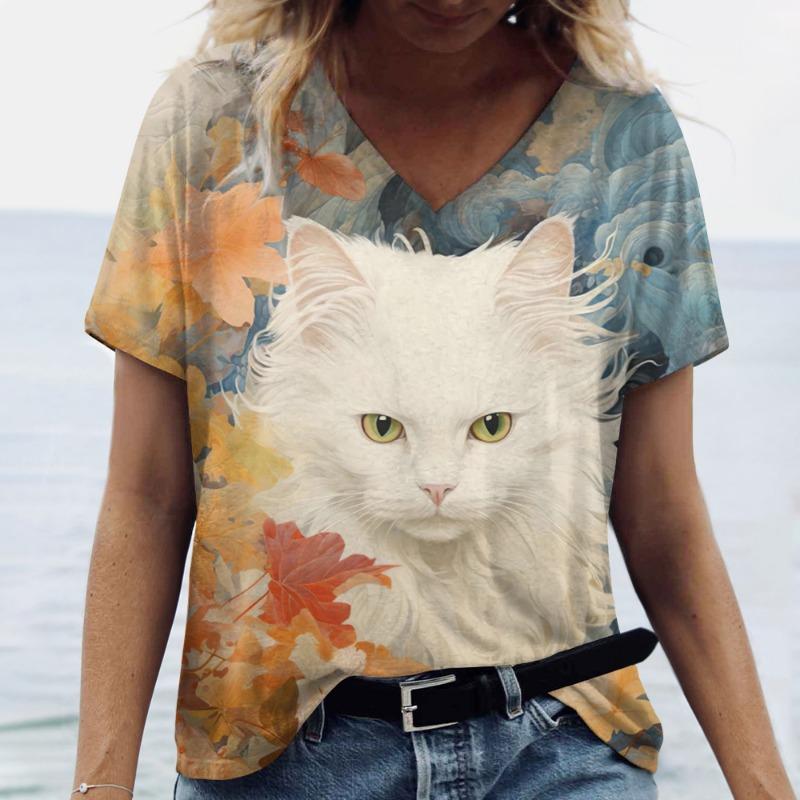 Dam V-ringad Kortärmad T-shirts Djurtryckta Sommarkläder Söta Tecknade Kattkvinna T-shirts 2024 Nya Streetwear Toppar