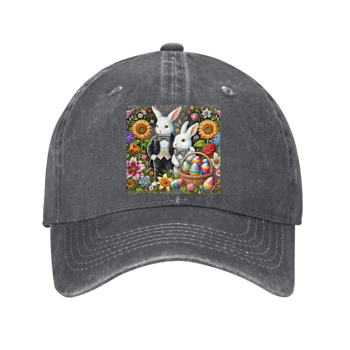 Easter Bunny Eggs Floral Print Baseball Cap Casual Cotton Adjustable Baseball Hat Unisex Holiday Gift One Size