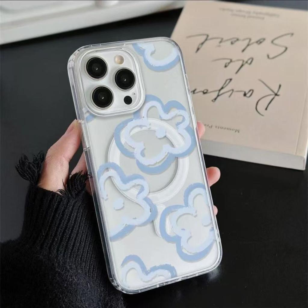 Korea Creative Fashion Blue Love And Flower Magnetic Phone Case For iPhone 16 Pro 15 14 13 12 11Pro Max Plus INS Style Y2k Shell