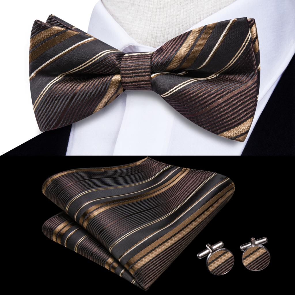 Hi-Tie Gestreifte Schwarz Rot Herren Fliege Einstecktuch Manschettenknöpfe Vorgebundene Seide Schmetterlingsknoten Fliege für Herren Business Party Großhandel