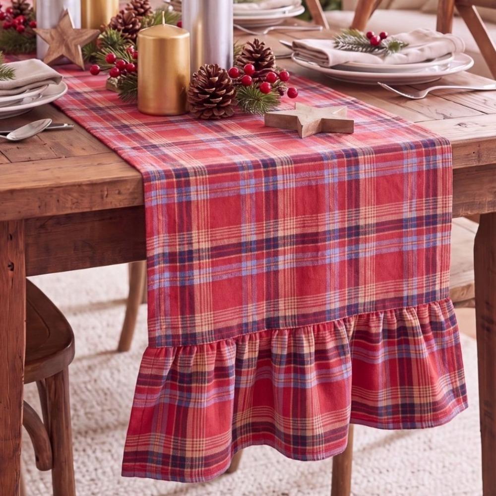 Double Ended Lotus Leaf Edge Christmas Table Runner Washable Rustic Style Ruffle Edge Table Flag Vintage Checkered