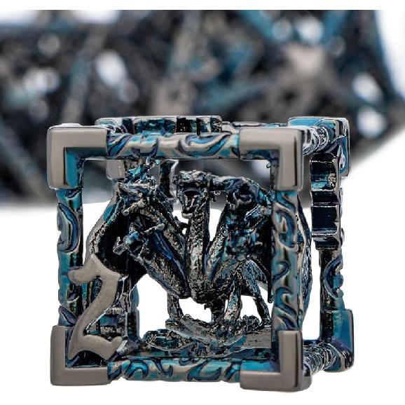 ARUOHHA Hollow DND Dice Set Copper Blue 5-Headed Dragon D and D Dice with Gift Box, Dungeons and Dragons Role Playing Games 7PCS Metal Polyhedral