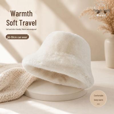 Women's Winter Warm White Plush Fluffy Bucket Hat - Face Slimming, Soft, Versatile, Large Head Fit