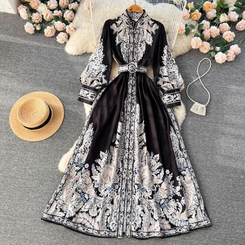 

Vacation Style Stand-up Collar Puff Sleeve Wide Hem Printed Dress Black XL