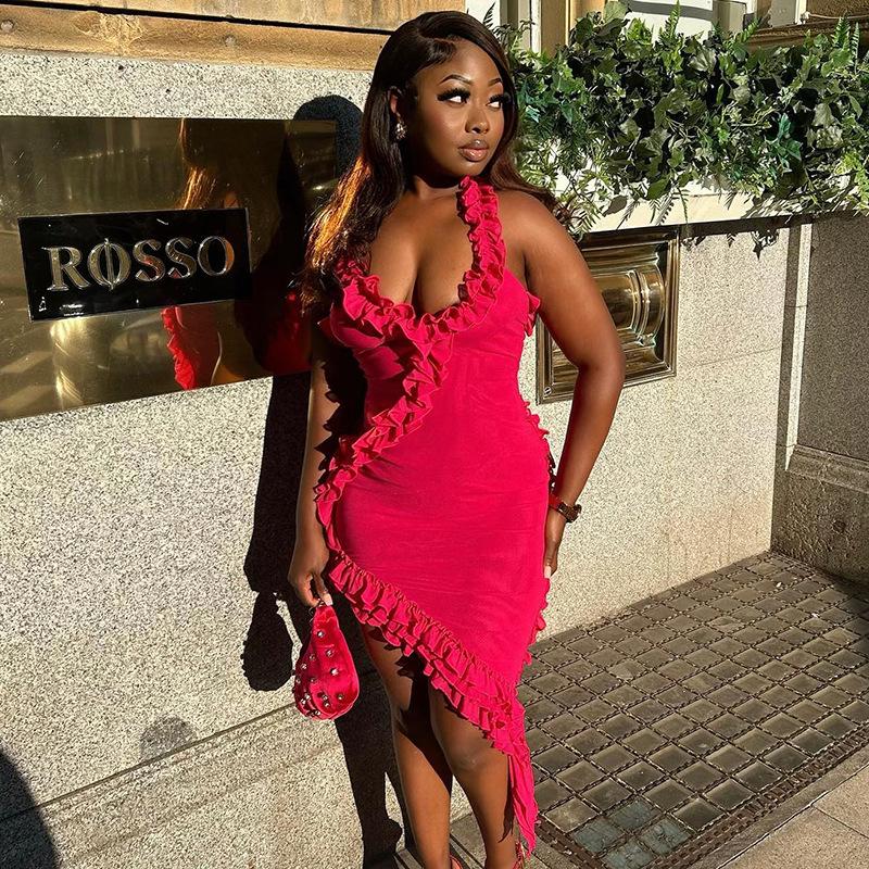 Summer V-neck Halter Backless Splicing Ruffle Short Dresses