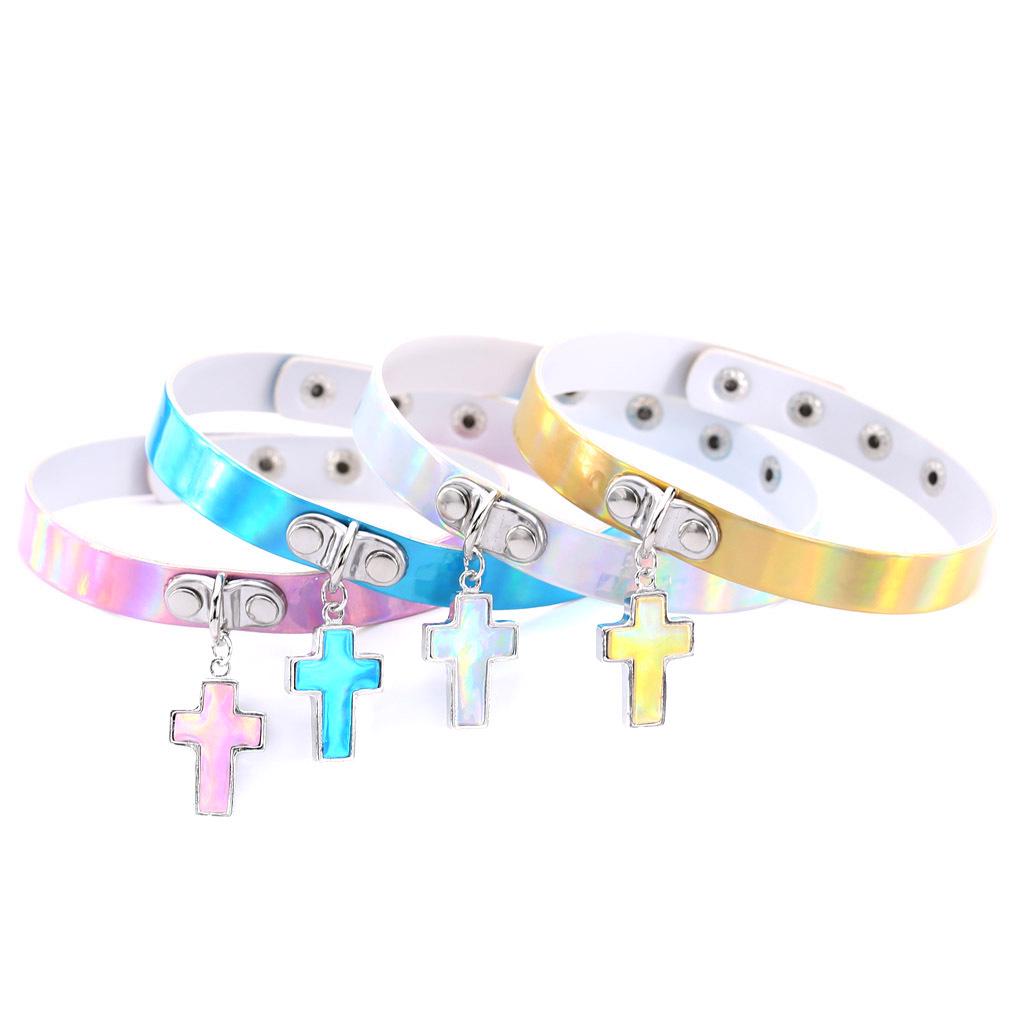 Cross Laser Glow Choker, Gothic Cross Luminous Short Leather Clavicle Necklace