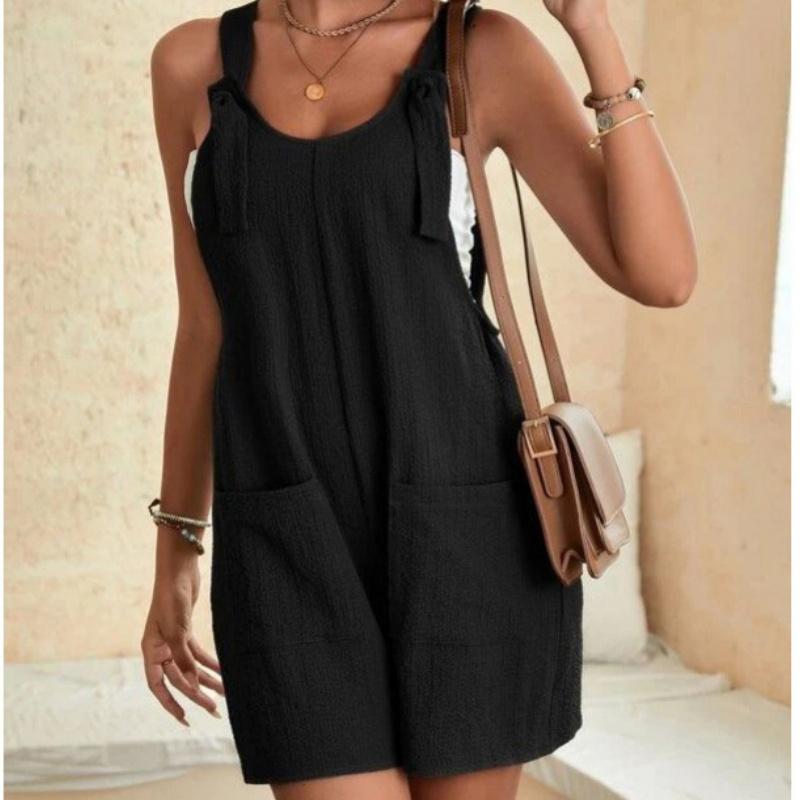 Women Summer Jumpsuit Casual Sleeveless Short Overalls Strappy Romper Simple Loose Fit Solid Color with Pockets for Office Streetwear Travel Beach