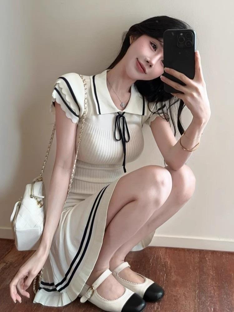 [Ice Silk Washing Water] Korean Contrasting Color Polo Collar Short-sleeved Knitted Dress Women's Summer Waist Skirt College Style a