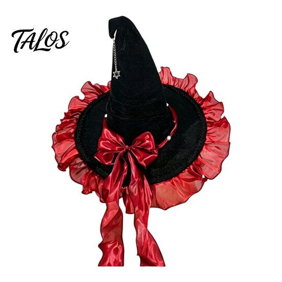 Halloween Witch Hat for Women, Velvet Wizard Hat with Ruffle Brim And Bow for Halloween Party, Masquerade, Cosplay Costume Accessory