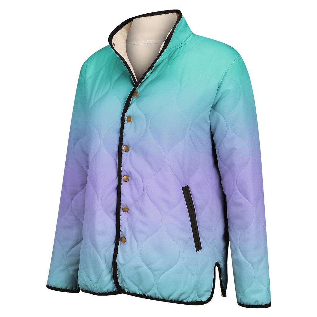 Ladies' Gradient Printed Stand Up Collar Pleated Cotton Long Sleeved Buttoned Cotton Jacket