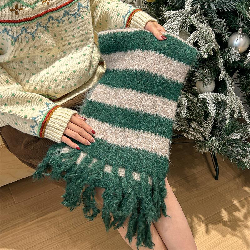 Color matching striped knitted scarf women's winter high-end sense fashion atmosphere sense warm fringed scarf