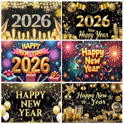 Schwarz Gold Neujahr Hintergrund Banner Glitzer 2026 Frohes Neues Jahr Kulisse Zubehör Ballons Neujahrsparty Dekoration Geschenke