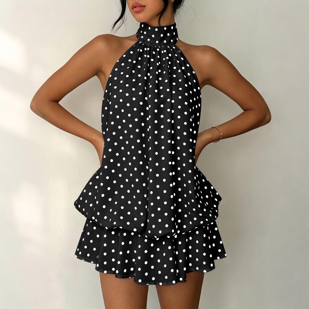 Women’s Neck Irregular Hem Polka Dot Sleeveless Backless Mini Dress Loose Fit Layered Skirt Design for Summer Wear