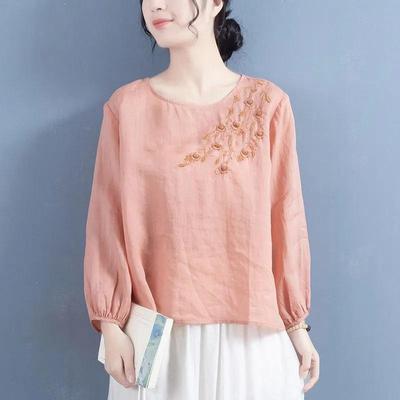 Camisa de Manga Larga Bordada Retro Literaria para Mujer, Grande, Primavera/Otoño 2024, Top Ajustado Estilo Chino