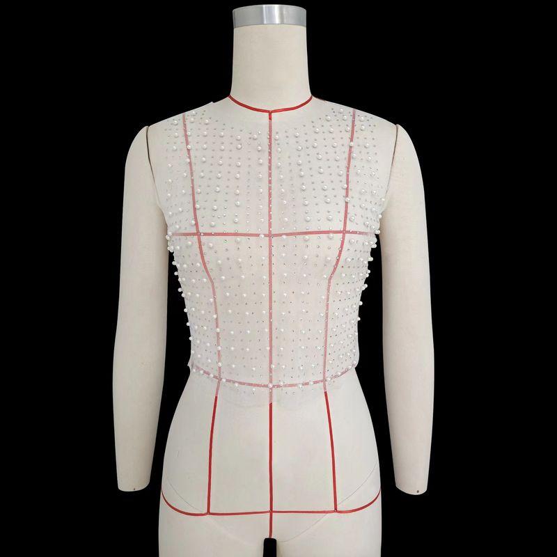 

Fashion Wind New Sexy Beaded Rhinestone Vest Casual Vacation Tops Sexy Mesh Beaded Vest White S