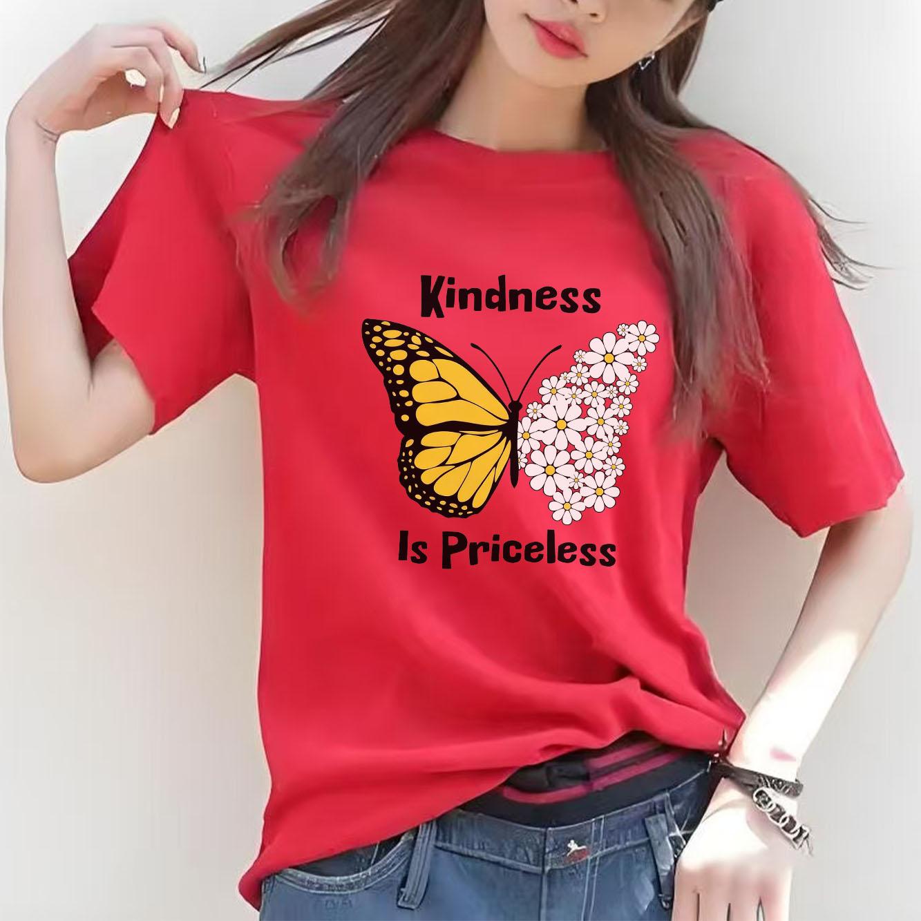

Beautiful butterfly print Womens short sleeved Tshirt summer round neck versatile for daily use suitable for all seasons S