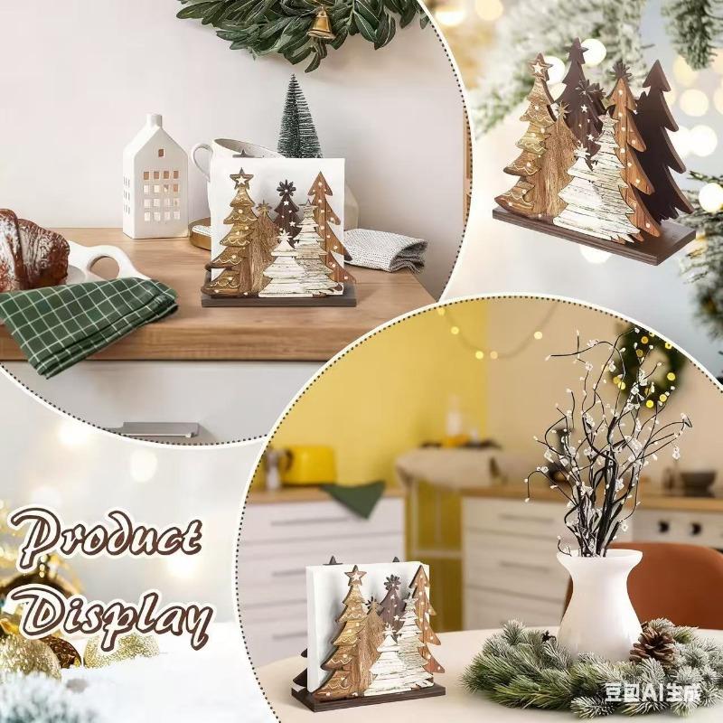 1PC Wooden Christmas Tree Tissue Holder, Desktop Three-dimensional Paper Holder, Tissue Base Napkin Holder