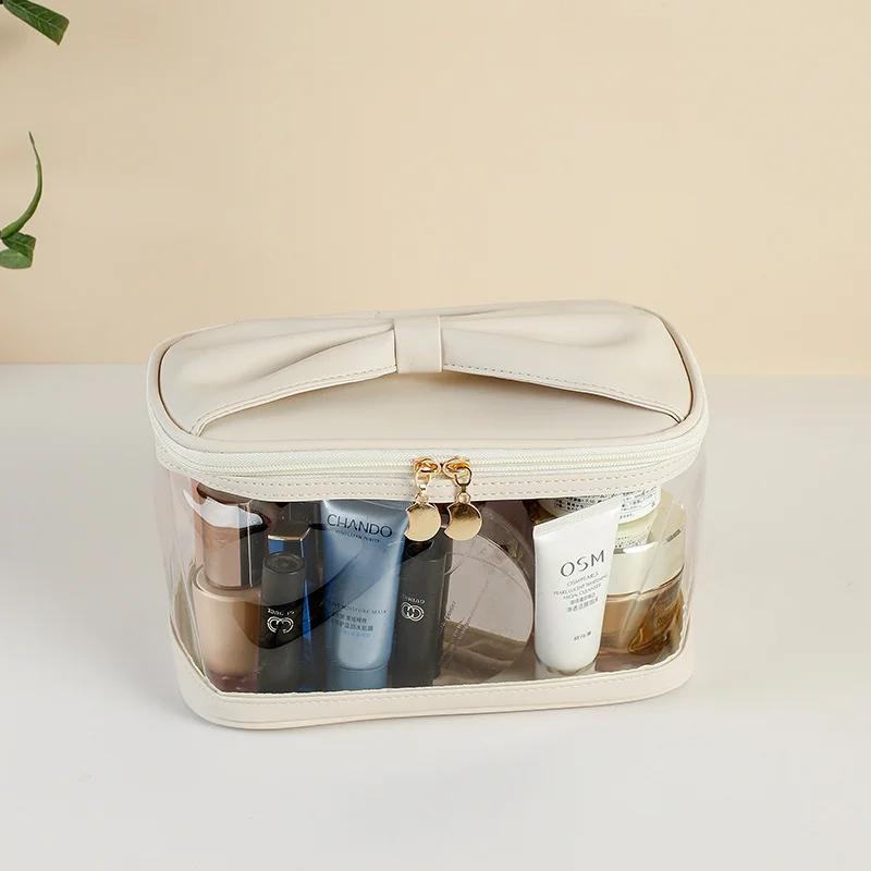 1Pc Women Girls Portable Makeup Bag with Bowknot Design, Clear Window Large Capacity Travel Cosmetic Storage Organizer