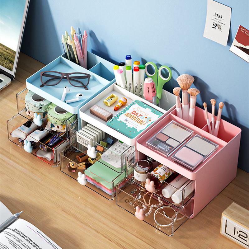 1pc 2-layer Cartoon Creative Pen Holder Transparent Drawer Rabbit Storage Box Children's Girls Student Office Desktop