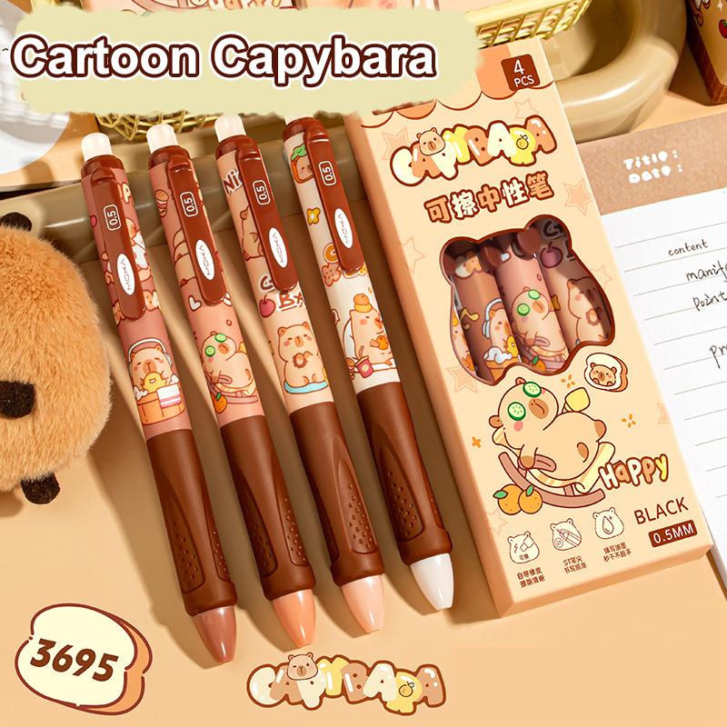 4 ks Roztomilé kreslené mazatelné pero s kapybarou a pandou Píše hladce Rychleschnoucí pera Studentské psací potřeby Kancelářské potřeby Dárky