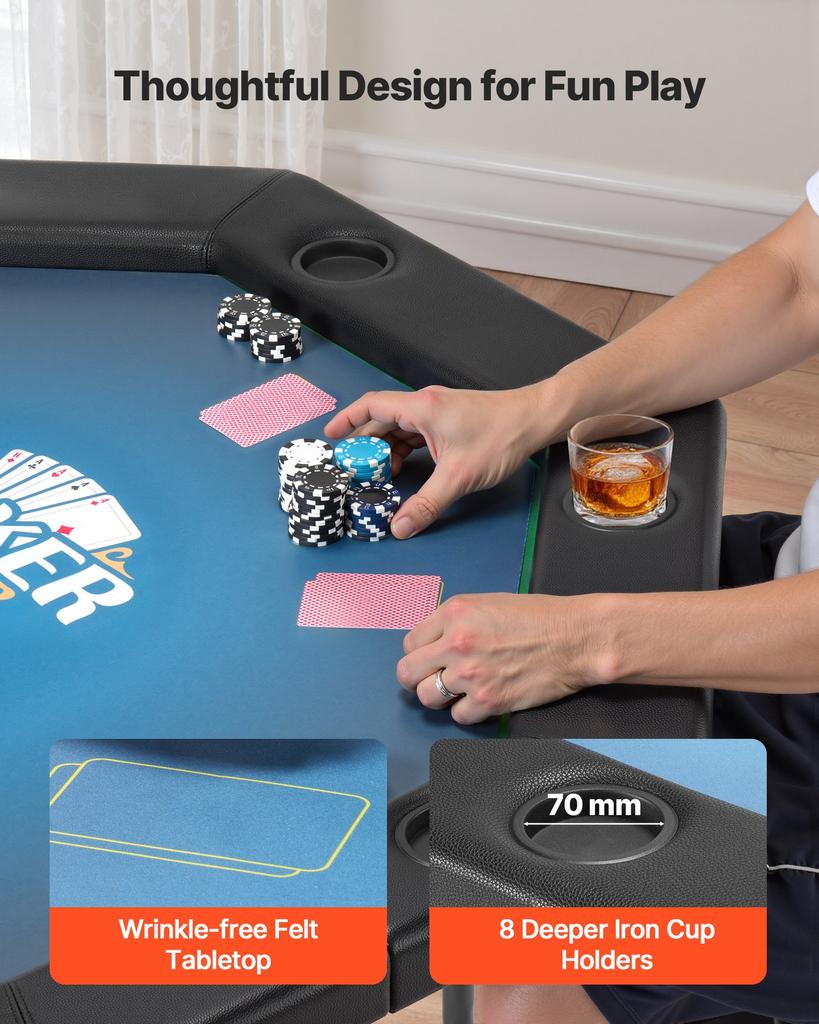 VEVOR Foldable Poker Table, 8 Player 1220 Mm Folding Casino Leisure Table with Padded Rails & Cup Holders