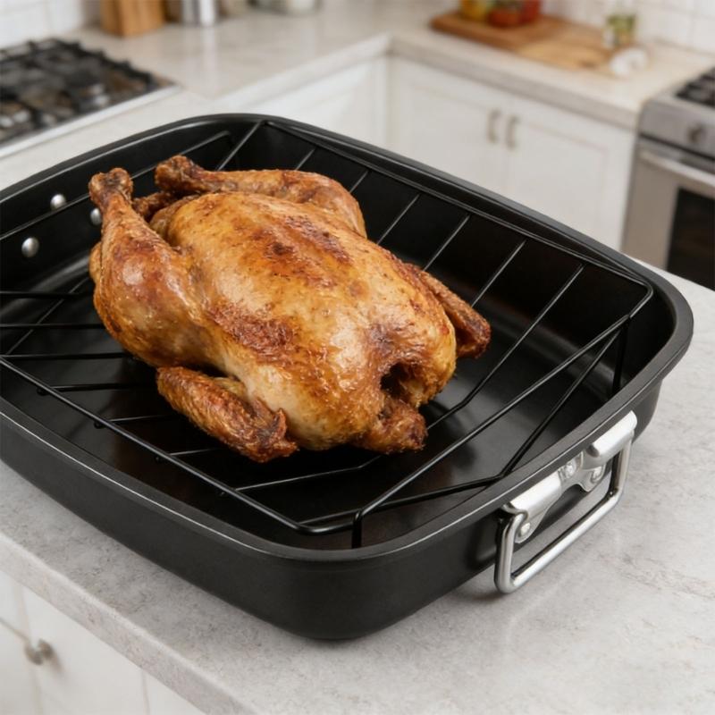 Heavy Duty Roasting Pan 17Inch Carbon Steel Baking Tray with V-Shape Grill Roasting Rack Turkey Roaster Pan for Cooking