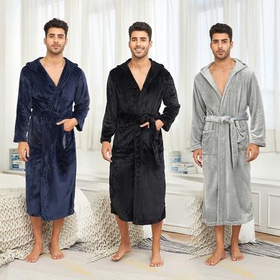 Bademäntel mit Kapuze für Herren in voller Länge Spa-Bademäntel Weiche Haus-Schlafbekleidung Mantel mit Kapuze und Taschen Herren Winter Warmer Plüsch-Fleece-Bademantel Kapuzen-Flauschige Bademäntel